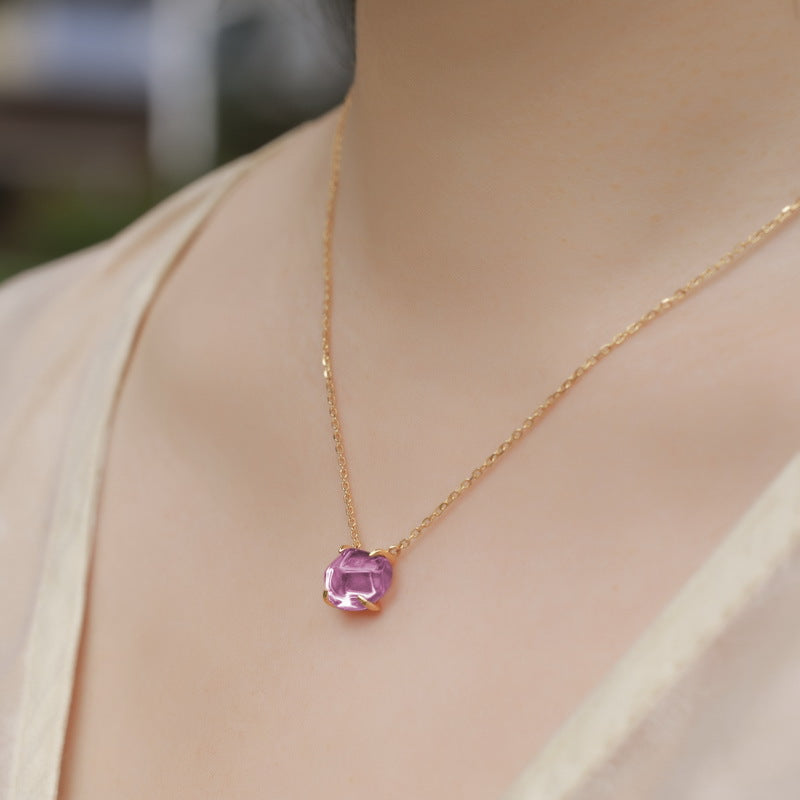 Natural Pink Purple Crystal Four-Claw S925 Sterling Silver Pendant Necklace for Women XXN0009