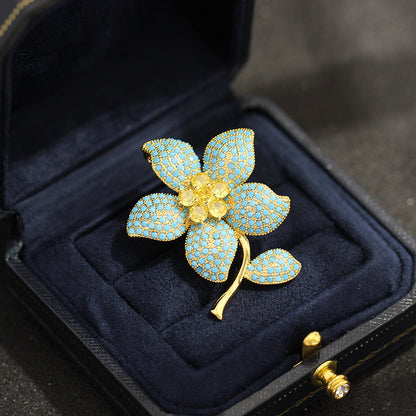 Premium blue stone inlaid cubic zirconia brooch pin for women, durable coat brooch, exquisite wedding jewelry and top pick of women fashion jewelry gift for her.