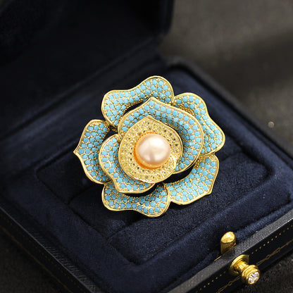 Sparkling cubic zirconia blue rose brooch set with natural freshwater pearl, multipurpose pin brooch for coat scarf, upscale luxury fashion jewelry, practical wedding accessory for bridesmaid