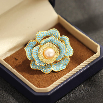 Handcrafted blue rose cubic zirconia pin brooch with natural freshwater pearl detail, top-selling brooches for women, gorgeous birthday gift and must-have women fashion jewelry