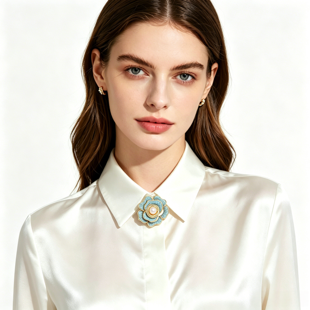 Fashion blue rose cubic zirconia pin brooch with genuine freshwater pearl accents, trending luxury fashion jewelry, versatile brooches for women as romantic jewelry gift for her