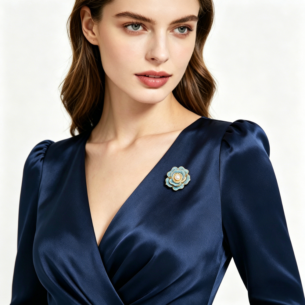 Stylish cubic zirconia blue rose brooch embedded genuine freshwater pearl, timeless vintage brooch design, premium luxury fashion jewelry, perfect wedding accessory for formal dress