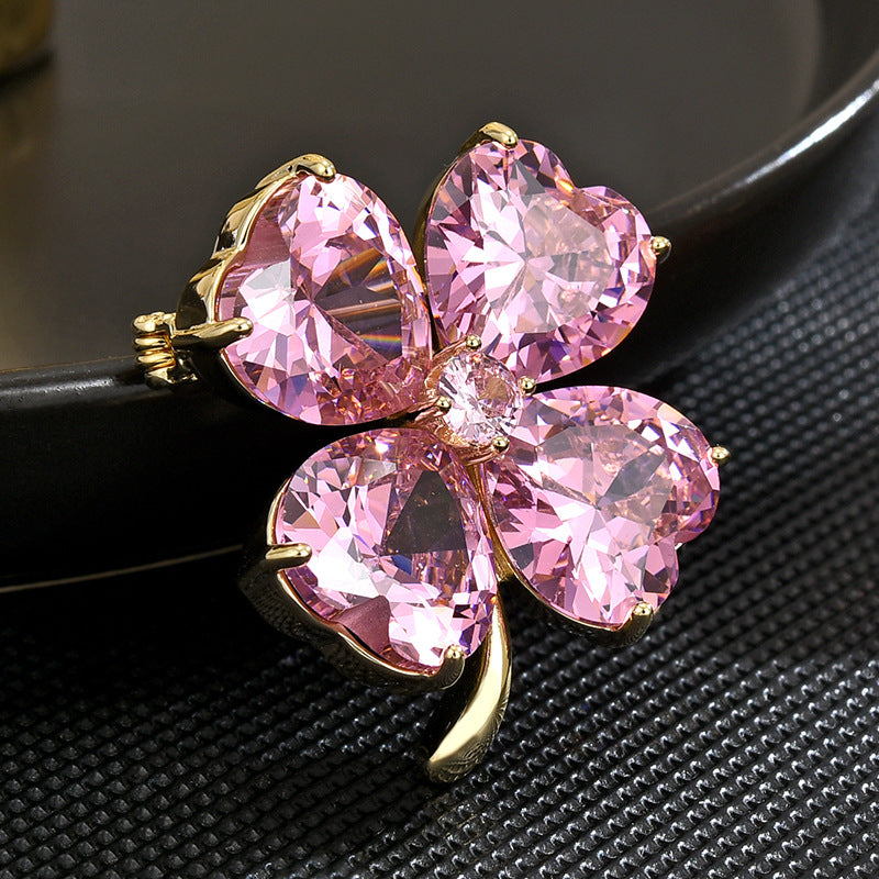 Four-leaf Clover Brooch Pin,Pink Crystal XXB007