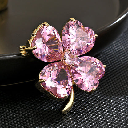 Four-leaf Clover Brooch Pin,Pink Crystal XXB007