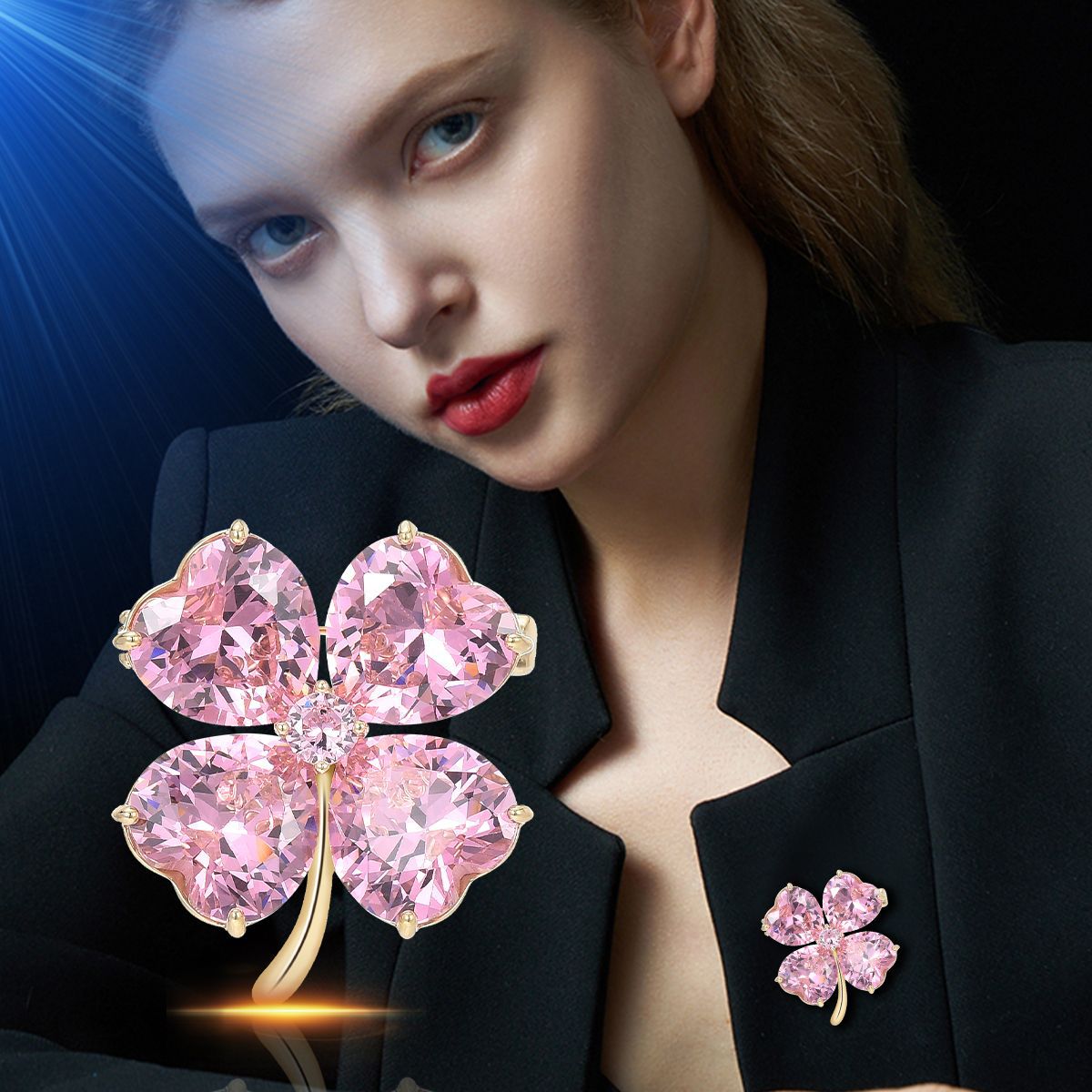 Four-leaf Clover Brooch Pin,Pink Crystal XXB007