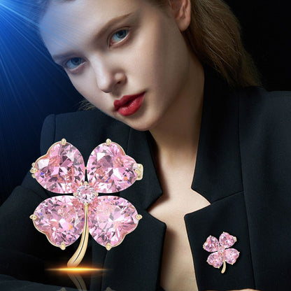 Four-leaf Clover Brooch Pin,Pink Crystal XXB007