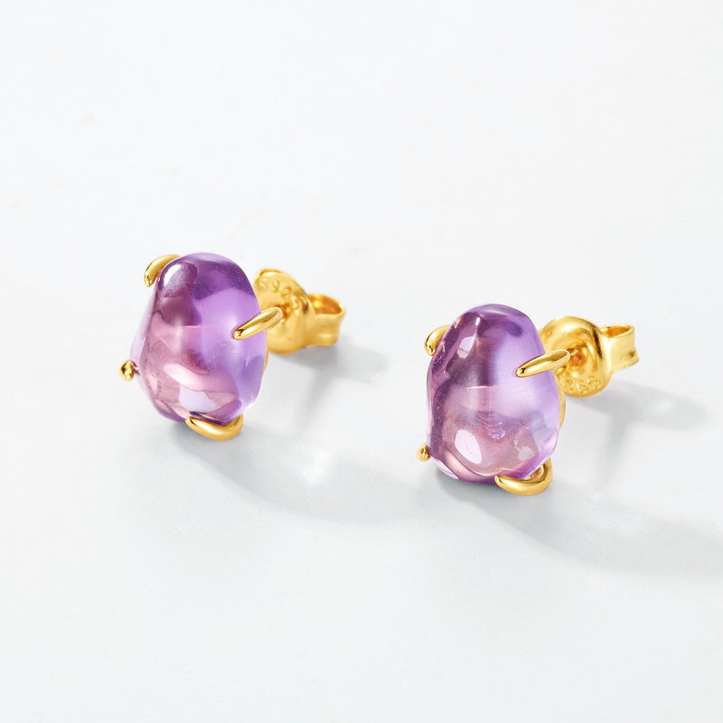 Natural Pink Purple Crystal Four-Claw S925 Sterling Silver Stud Earrings for Women  XXE0003