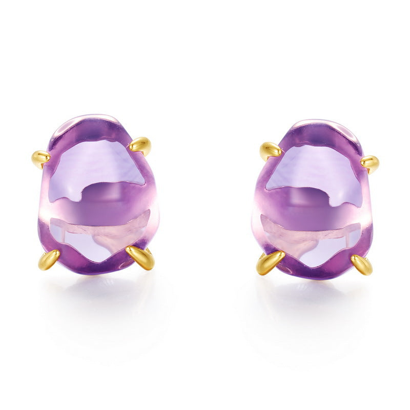 Natural Pink Purple Crystal Four-Claw S925 Sterling Silver Stud Earrings for Women  XXE0003