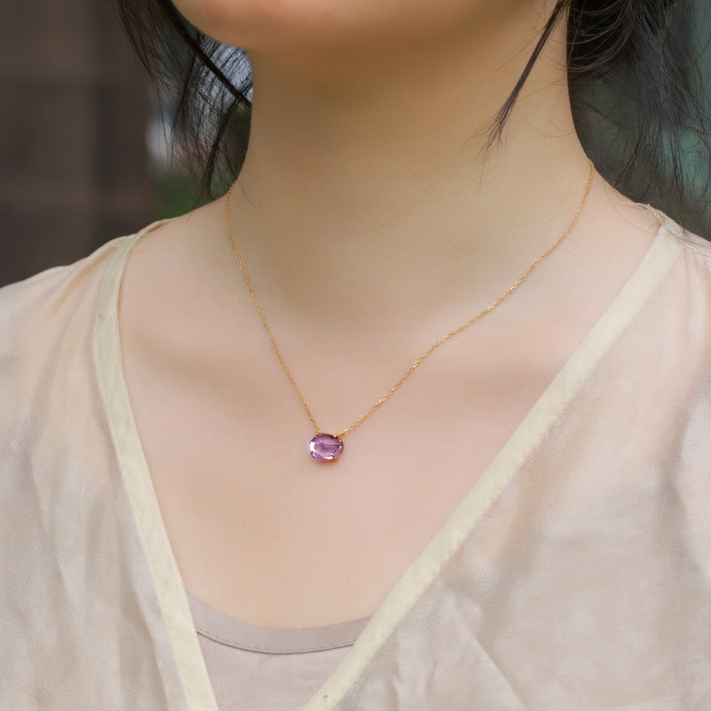 Natural Pink Purple Crystal Four-Claw S925 Sterling Silver Pendant Necklace for Women  XXN0009
