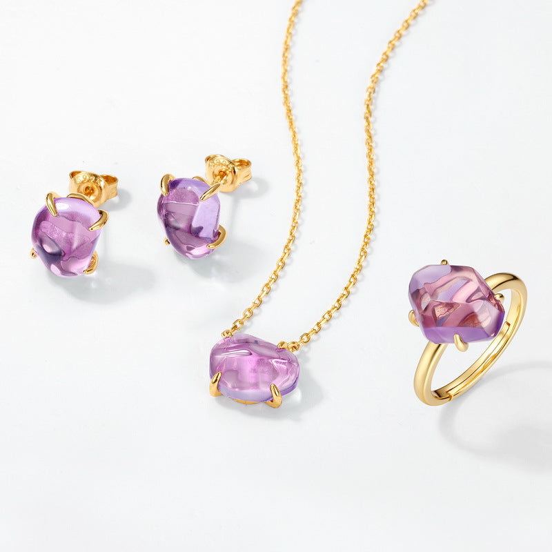 Natural Pink Purple Crystal Four-Claw S925 Sterling Silver Pendant Necklace for Women  XXN0009