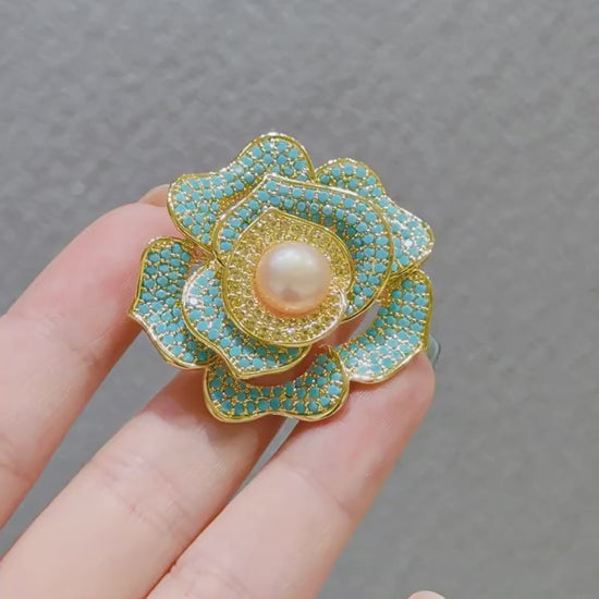 Women’s blue rose shaped cubic zirconia brooch inlaid natural freshwater pearl, trending brooches for women, classic vintage brooch, thoughtful birthday gift and exquisite fashion accessory