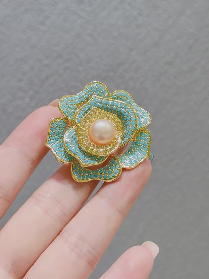 Women’s blue rose shaped cubic zirconia brooch inlaid natural freshwater pearl, trending brooches for women, classic vintage brooch, thoughtful birthday gift and exquisite fashion accessory